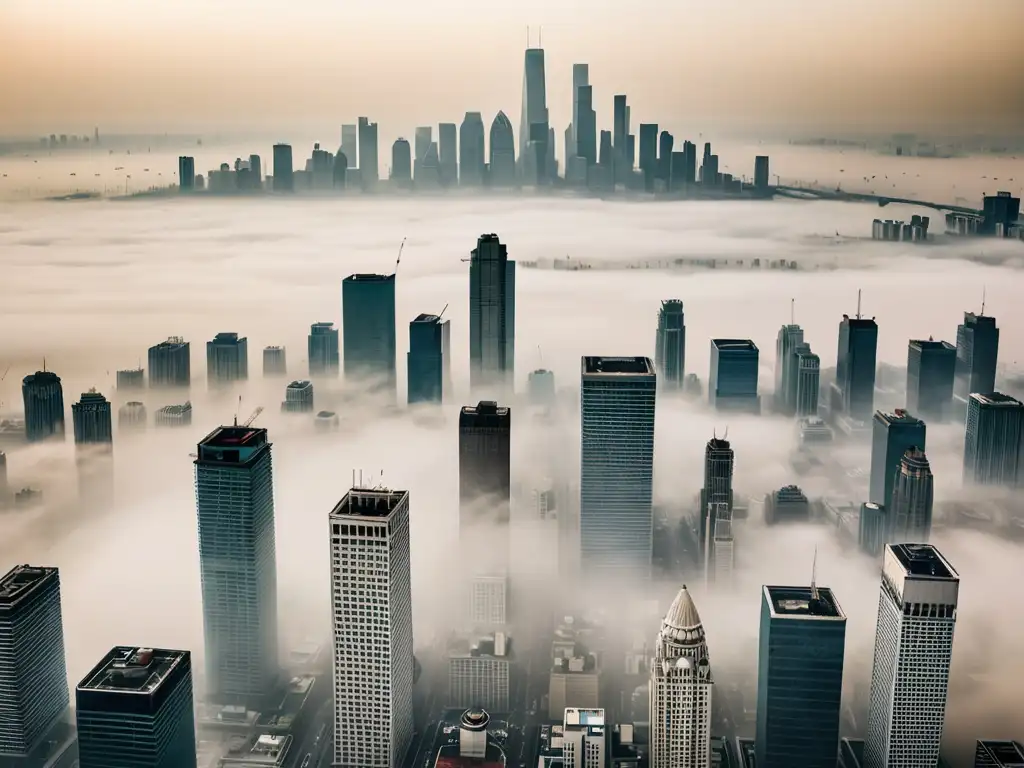 Vista aérea impactante de una ciudad envuelta en smog, con rascacielos apenas visibles