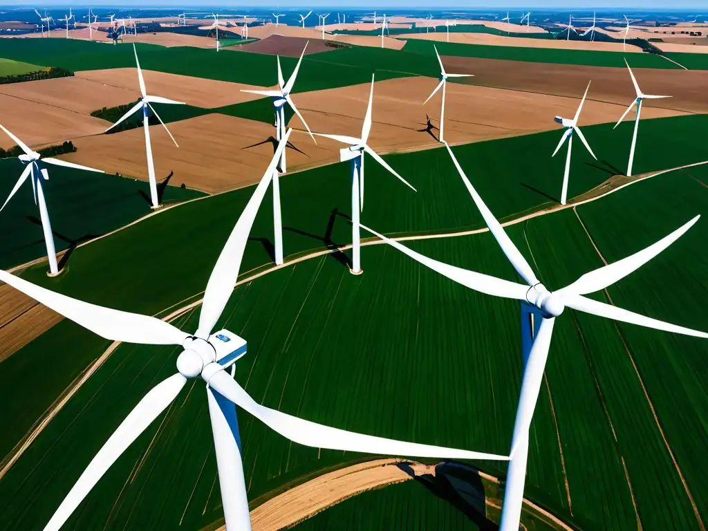 Vista aérea impactante de un extenso parque eólico, simbolizando la legislación energía eólica cambio climático