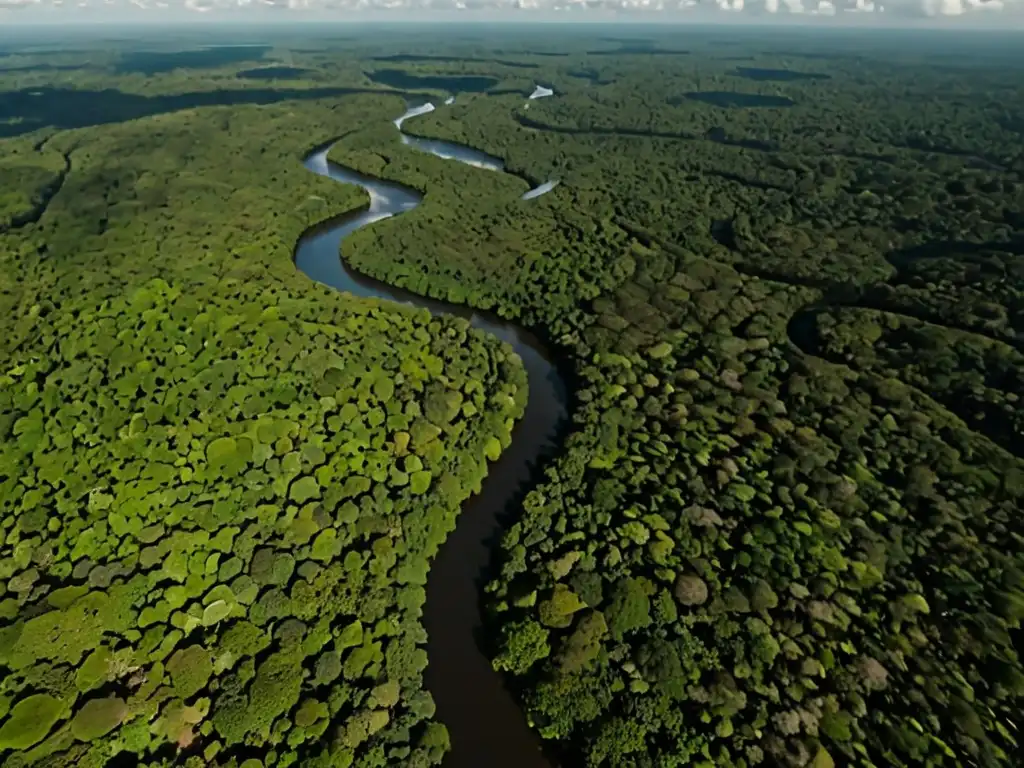 Vista aérea impactante de la exuberante selva amazónica con el río serpenteante, resaltando el impacto global del derecho ambiental