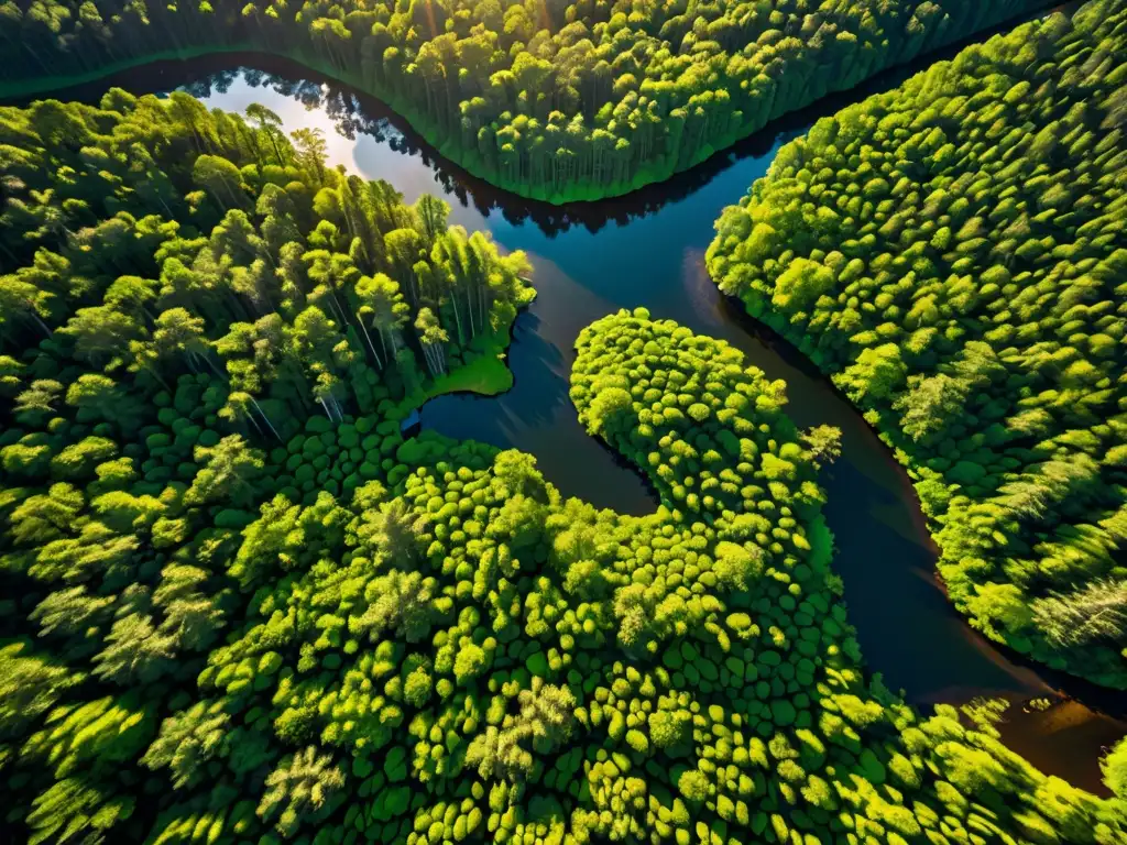 Vista aérea impactante de un exuberante bosque verde con un río serpenteante, resaltando el impacto global del derecho ambiental