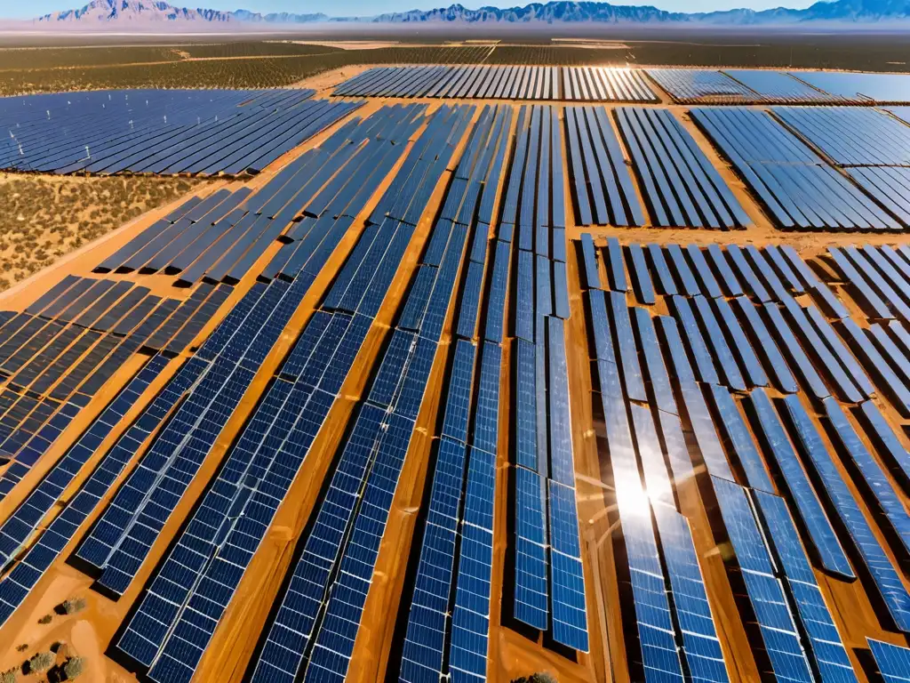 Vista aérea impactante de una granja solar en el desierto, con paneles relucientes reflejando la luz del sol