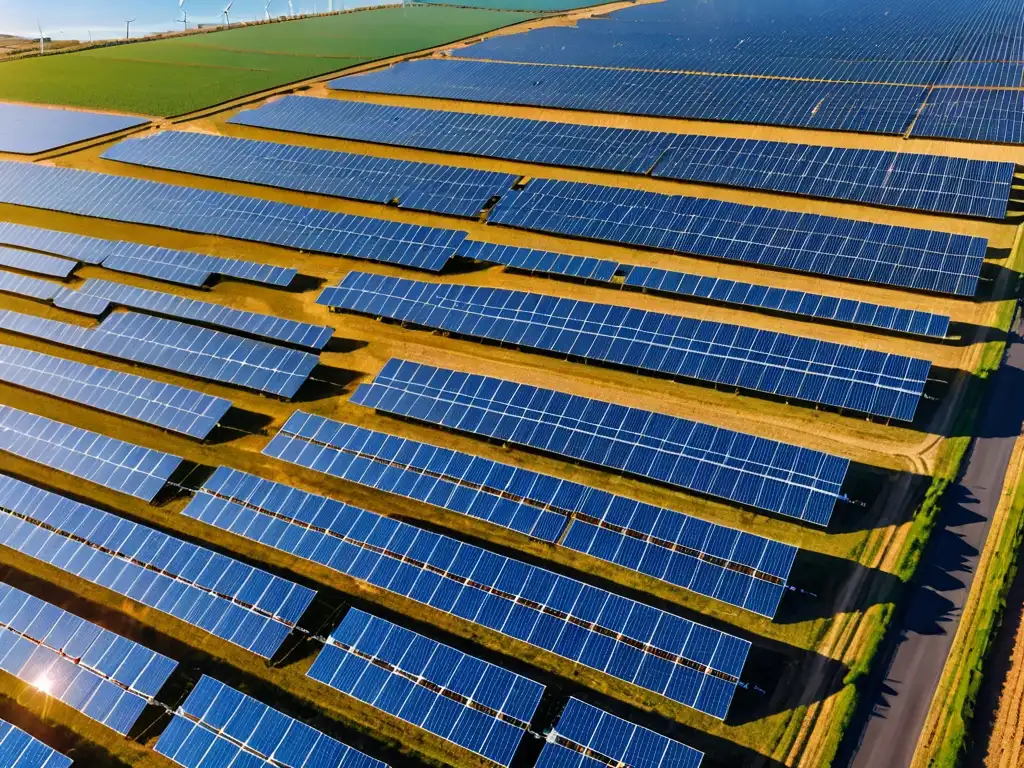 Vista aérea impactante de granja solar, con paneles relucientes y molinos de viento al fondo, evocando esperanza en leyes energías renovables