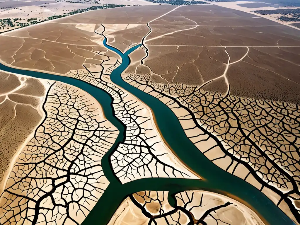 Vista aérea impactante de paisaje árido y ríos secos, reflejando la sobreexplotación de acuíferos