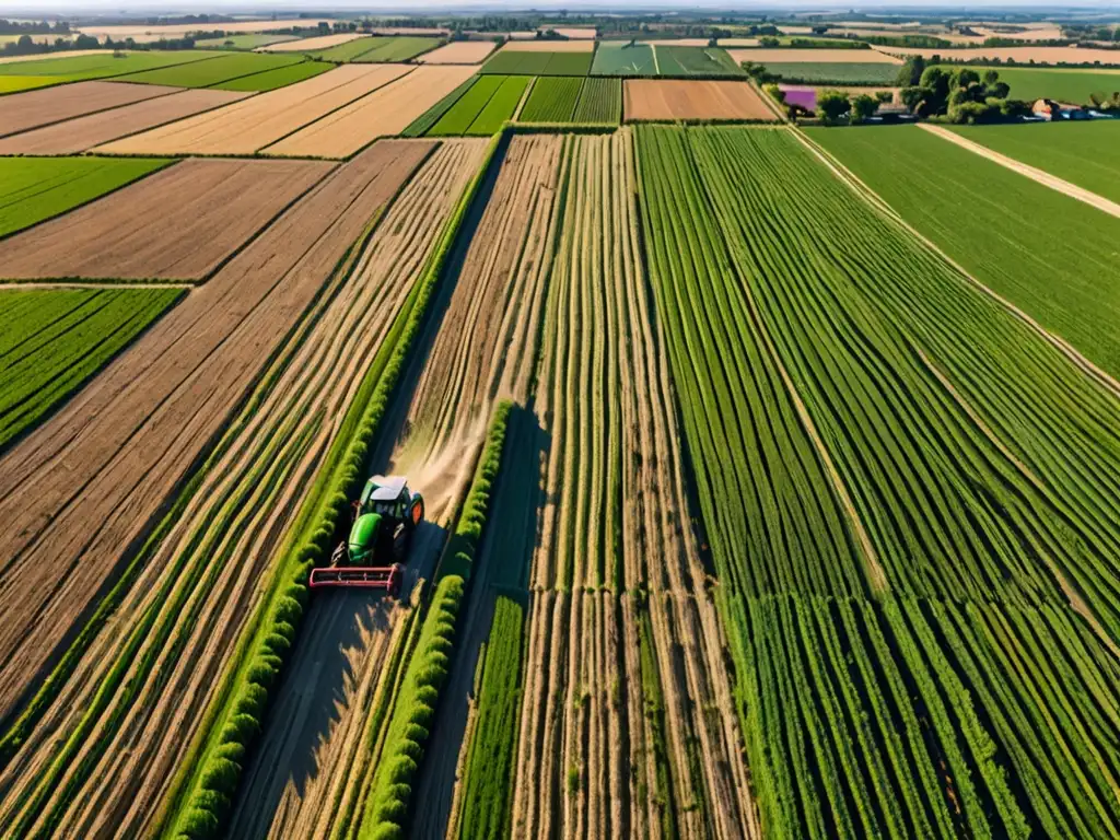 Vista aérea impactante de un paisaje agrícola exuberante con cultivos ordenados, sombras largas y red de riego