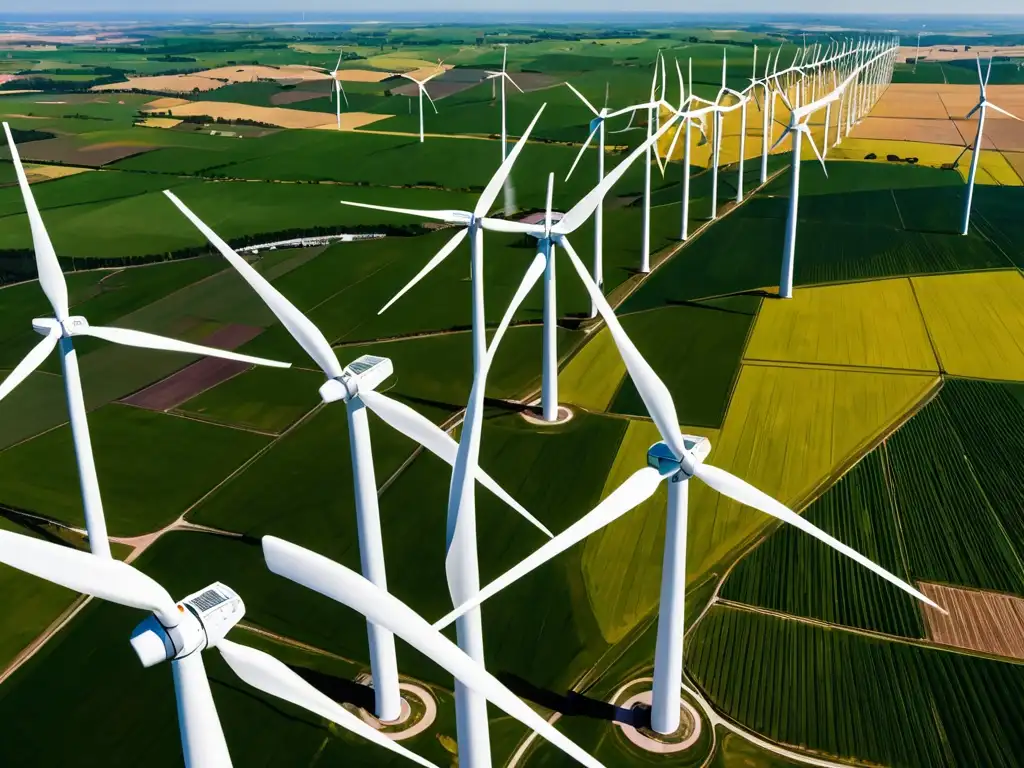 Vista aérea impactante de un parque eólico en armonía con la naturaleza