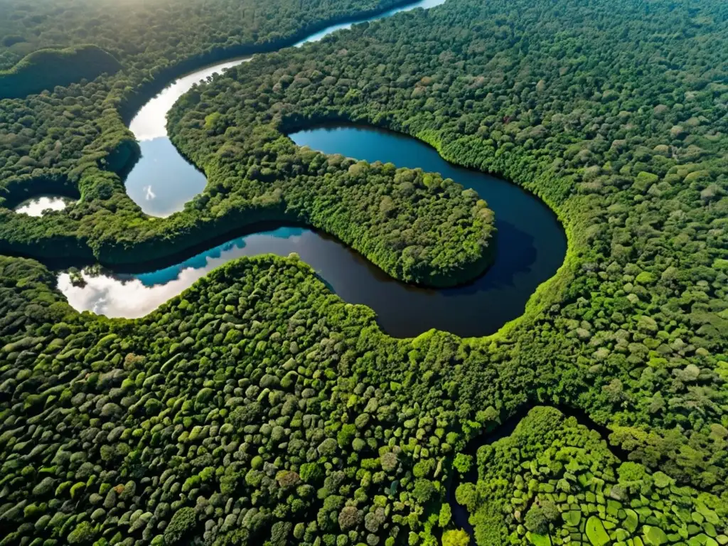 Vista aérea impactante de la selva amazónica, con exuberante vegetación verde y río serpenteante