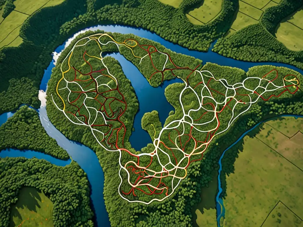 Vista aérea impactante de territorio indígena, resaltando diversidad natural y conexión con Declaración ONU Derechos Pueblos Indígenas