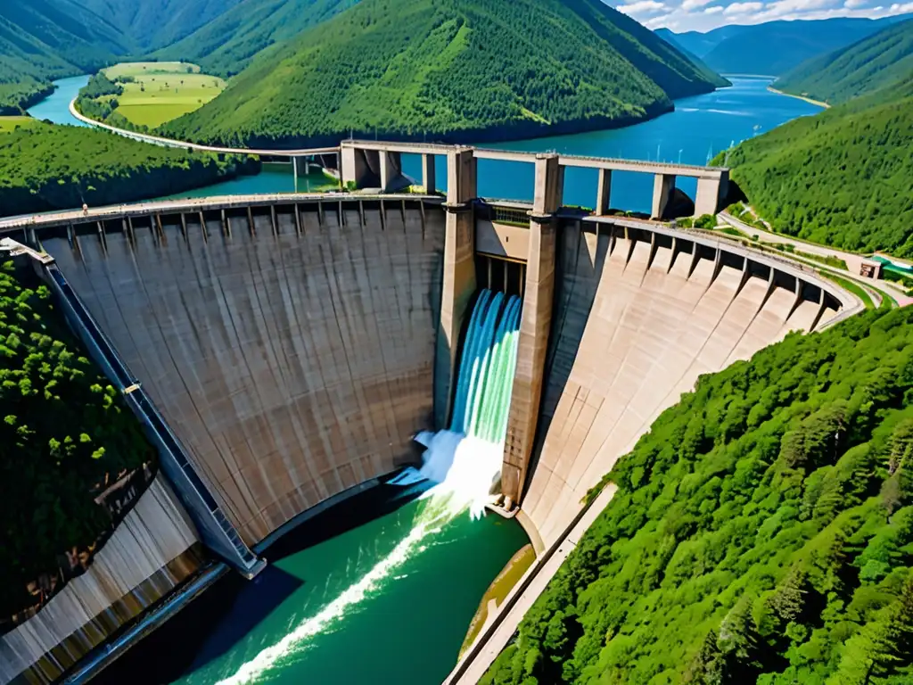 Vista aérea de una imponente presa hidroeléctrica entre montañas verdes, con un embalse reluciente detrás