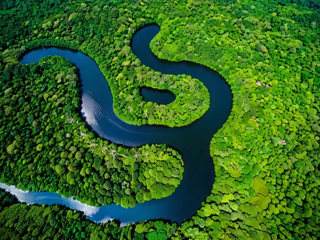 Vista aérea impresionante del río Amazonas serpenteando entre exuberante selva, con luz solar filtrándose y creando patrones en el agua