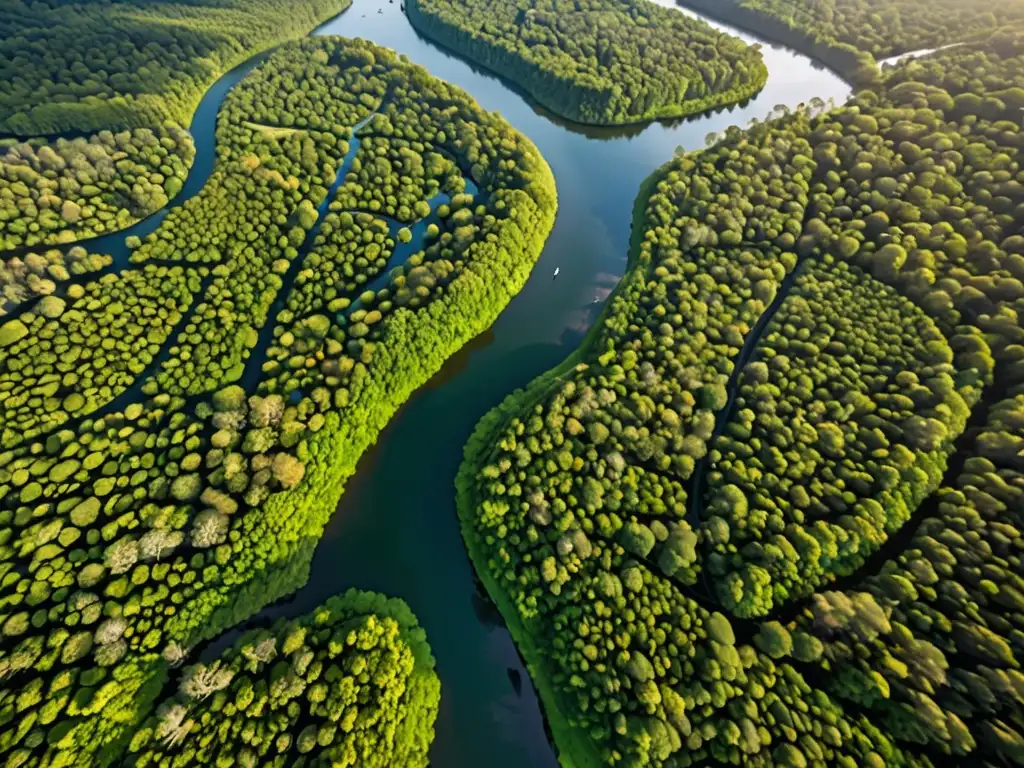 Vista aérea impresionante de un área protegida, resaltando la exuberante naturaleza y diversa vida silvestre