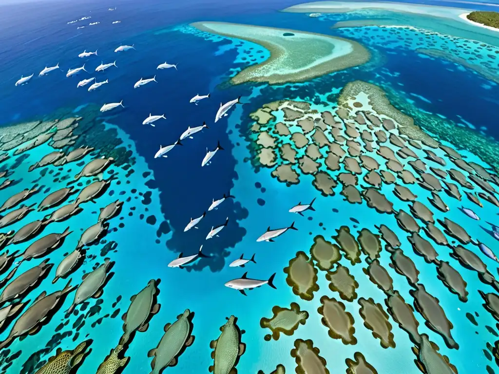 Vista aérea de una impresionante área de conservación marina con arrecifes de coral, peces y vida marina