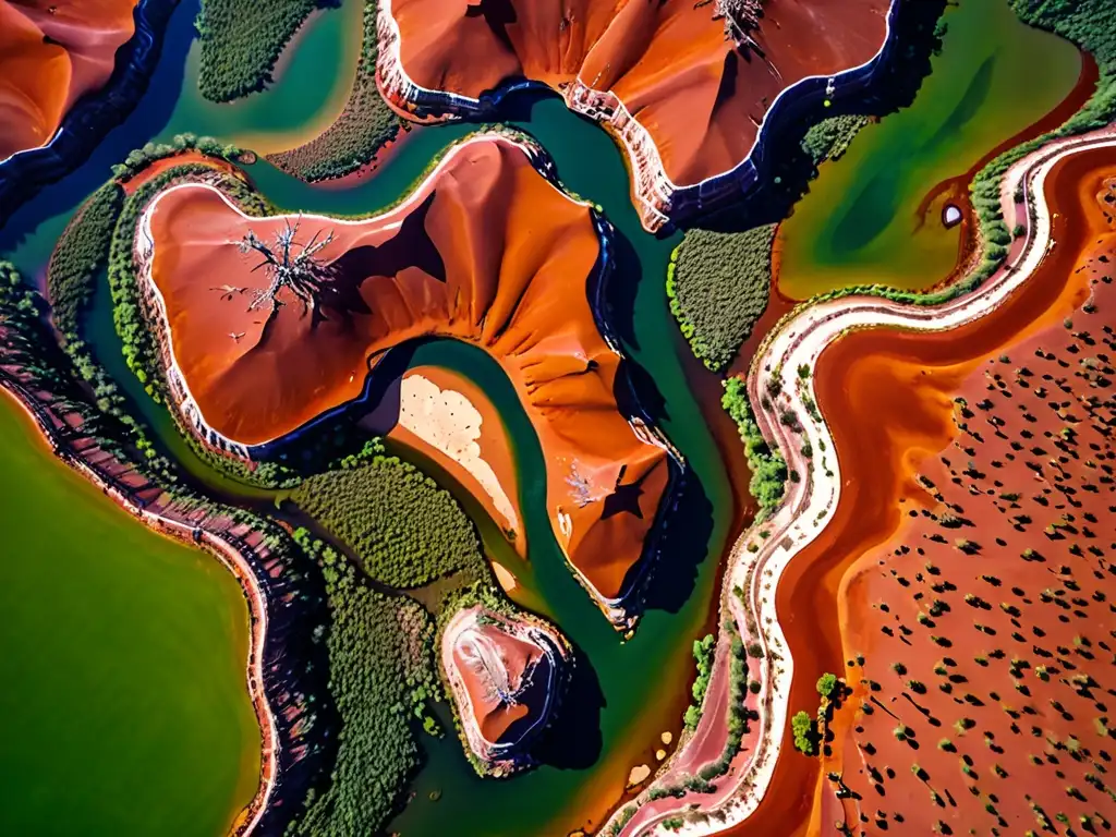 Vista aérea impresionante del Outback australiano, con la contraposición entre el árido desierto rojo y la exuberante vegetación alrededor de un oasis