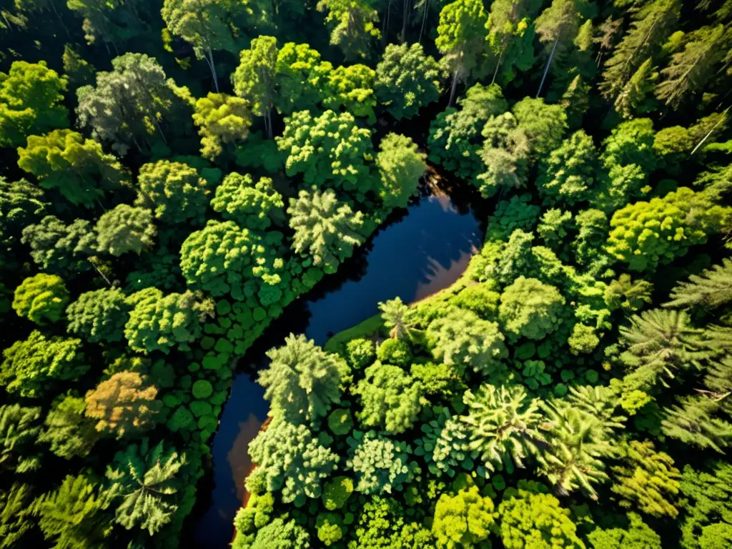 Vista aérea impresionante de un bosque verde exuberante con diversidad de árboles, plantas y vida silvestre