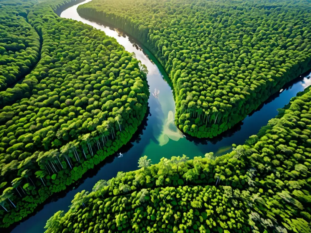 Vista aérea impresionante de un bosque verde exuberante con un río cristalino serpenteando entre la densa vegetación