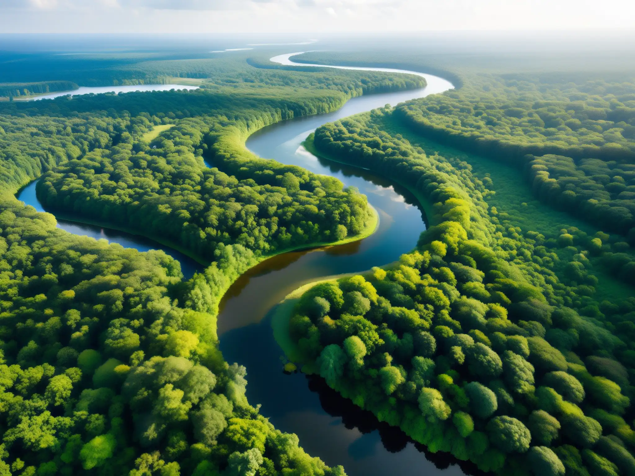 Vista aérea impresionante de un bosque exuberante en un área protegida, con un río serpenteante y fauna variada