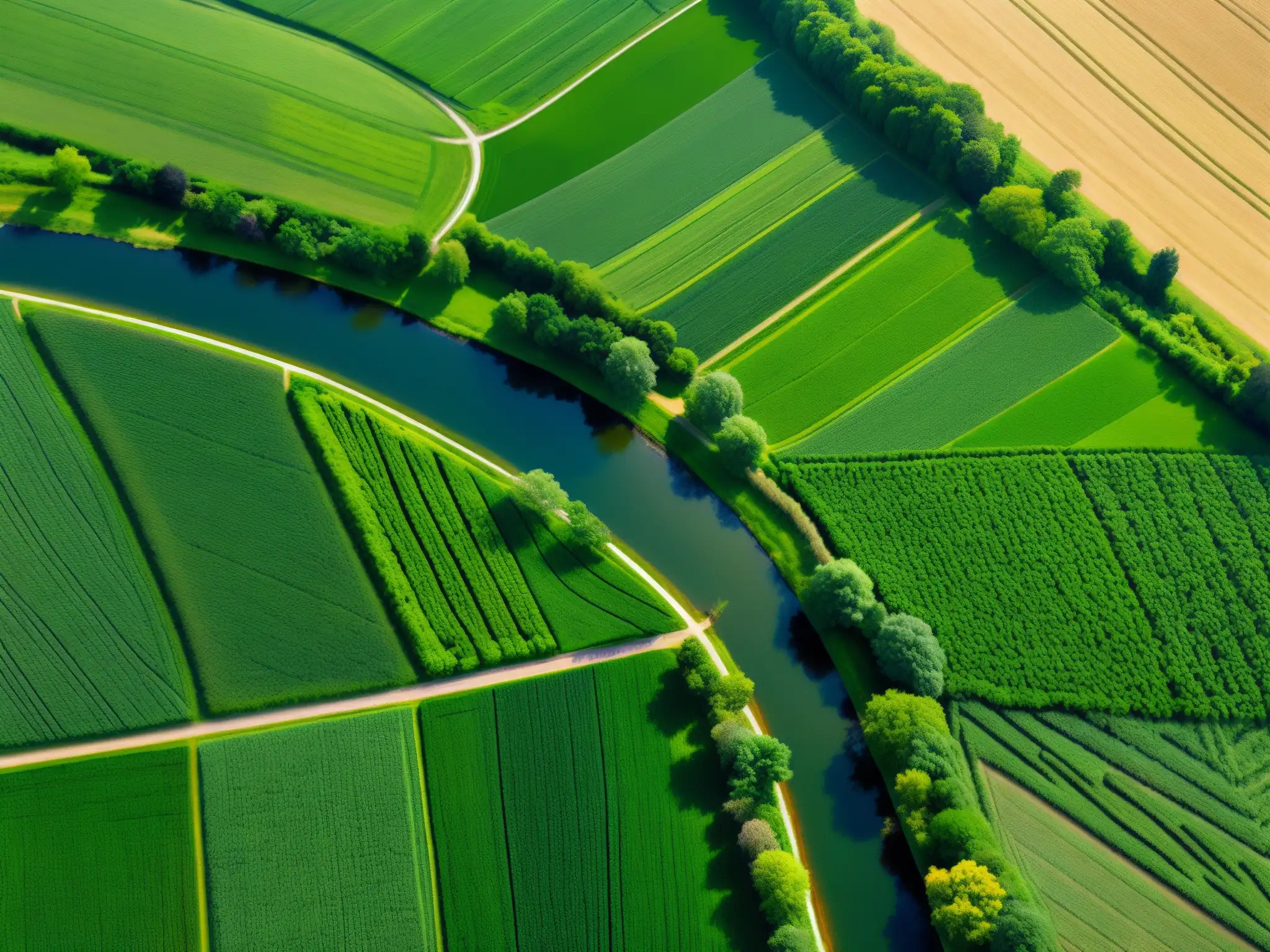 Vista aérea impresionante de campos agrícolas y espacios naturales en Europa, ilustrando la relación entre la agricultura y la protección de paisajes