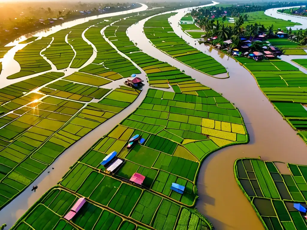 Vista aérea impresionante del Delta del Mekong en Vietnam, con ríos, arrozales verdes y mercados flotantes, bajo un amanecer radiante