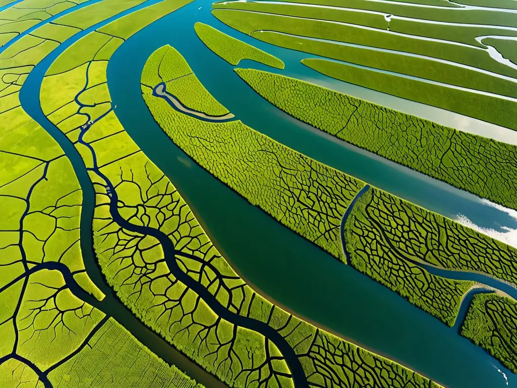 Vista aérea impresionante de un delta fluvial, con redes de agua y exuberante vegetación