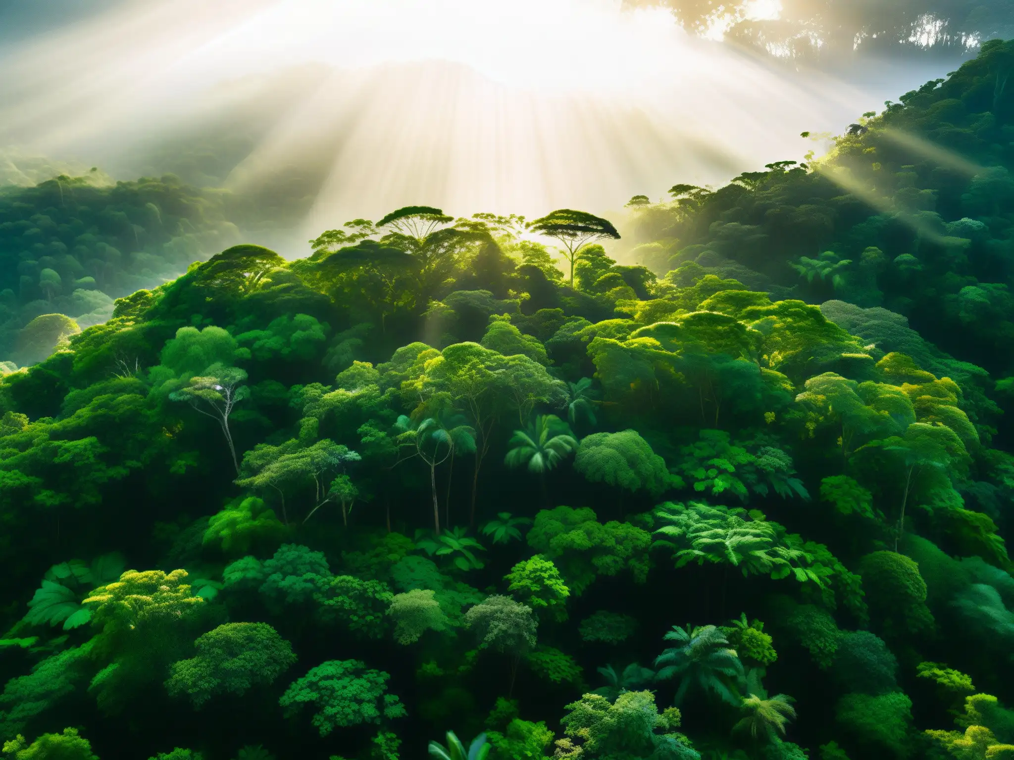 Vista aérea impresionante del dosel de la exuberante selva tropical con rayos de sol dorado entre las hojas esmeralda