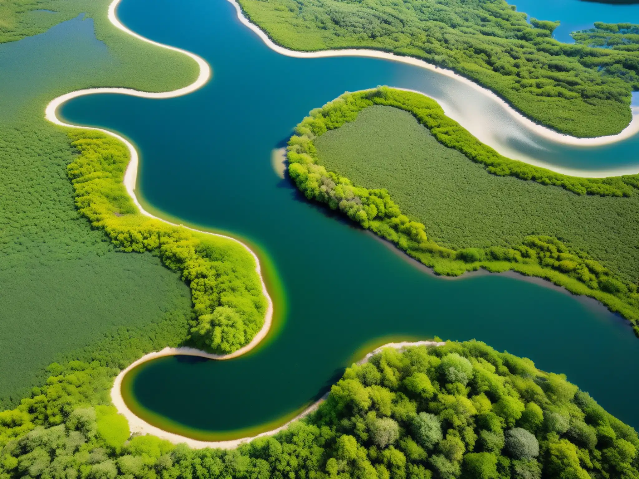 Vista aérea impresionante de ecosistema restaurado, con exuberante vegetación y diversa vida vegetal