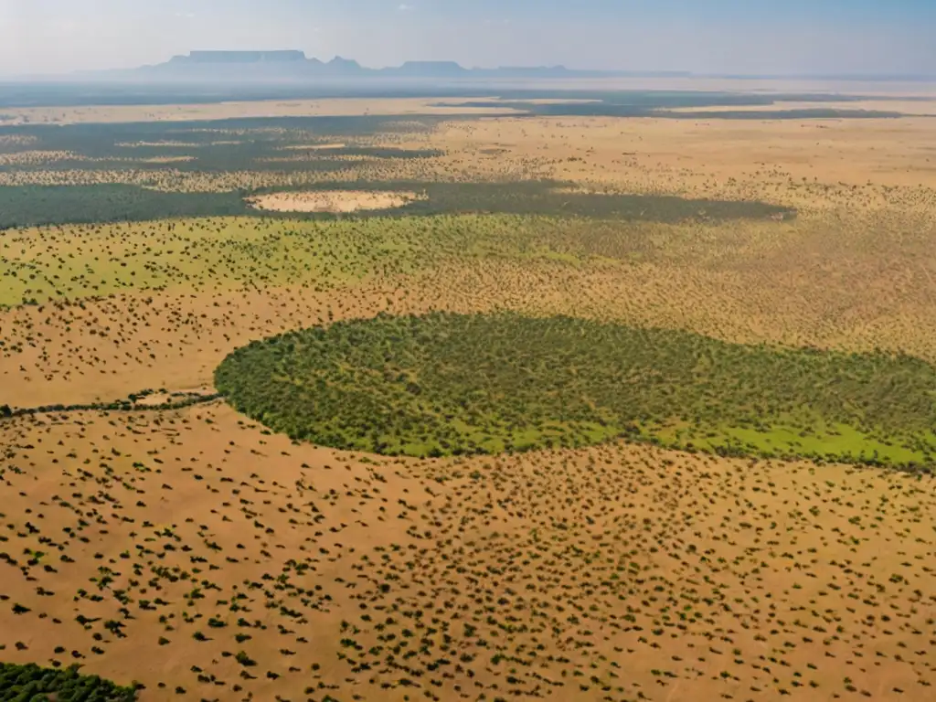 Vista aérea impresionante de una extensa sabana en África, con un destacado parque nacional y área protegida en la distancia