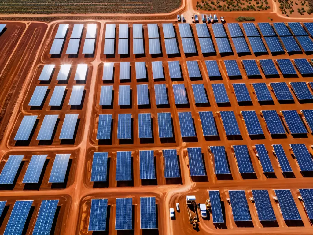 Vista aérea impresionante de una extensa granja solar en el outback australiano, mostrando paneles relucientes en un paisaje deslumbrante