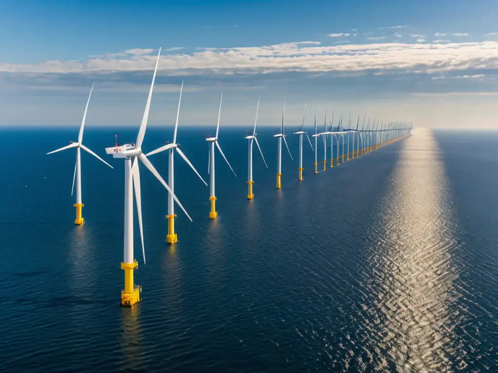 Vista aérea impresionante de un extenso parque eólico marino en Europa