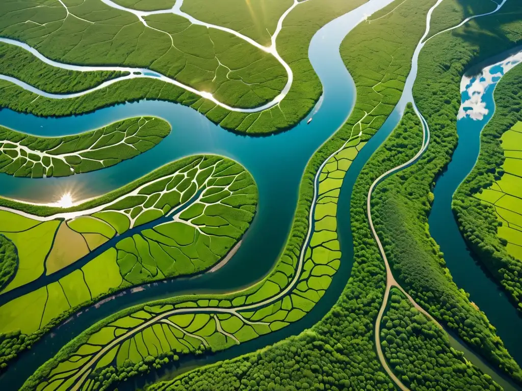 Vista aérea impresionante de un extenso entramado de ríos en un paisaje verde, con reflejos brillantes del sol