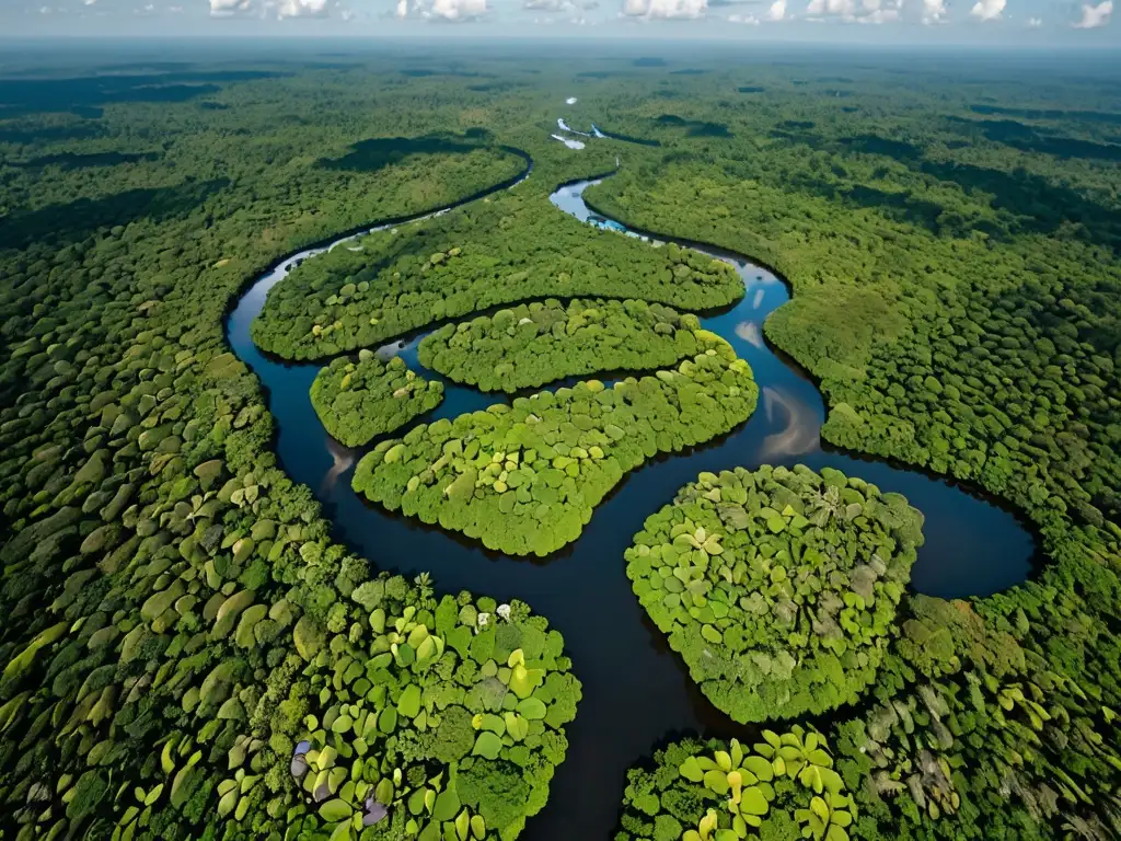 Vista aérea impresionante de la exuberante selva amazónica, reflejando la importancia de la protección jurídica transnacional de la biodiversidad