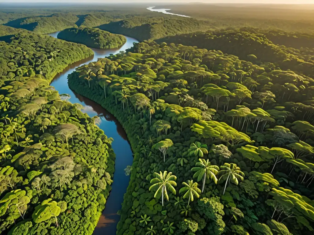 Vista aérea impresionante de exuberante selva con ríos brillantes bajo el sol dorado