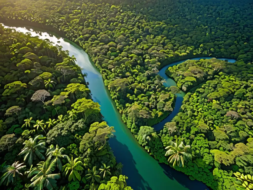 Vista aérea impresionante de un exuberante y vibrante bosque lluvioso con diversa flora y fauna, río brillante serpenteando entre el verdor