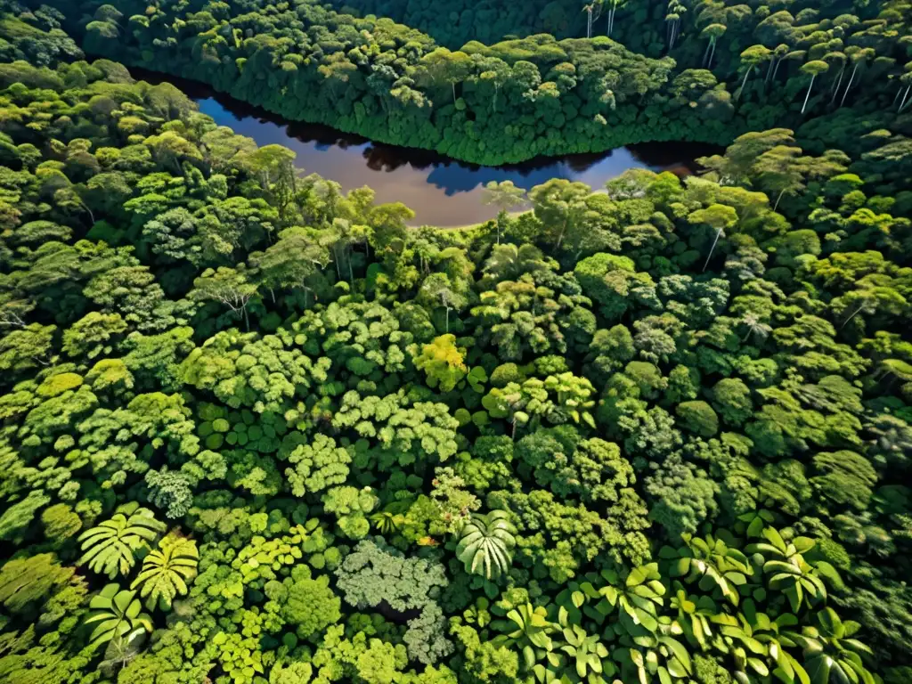 Vista aérea impresionante de un exuberante bosque tropical con río serpenteante y diversa vida silvestre