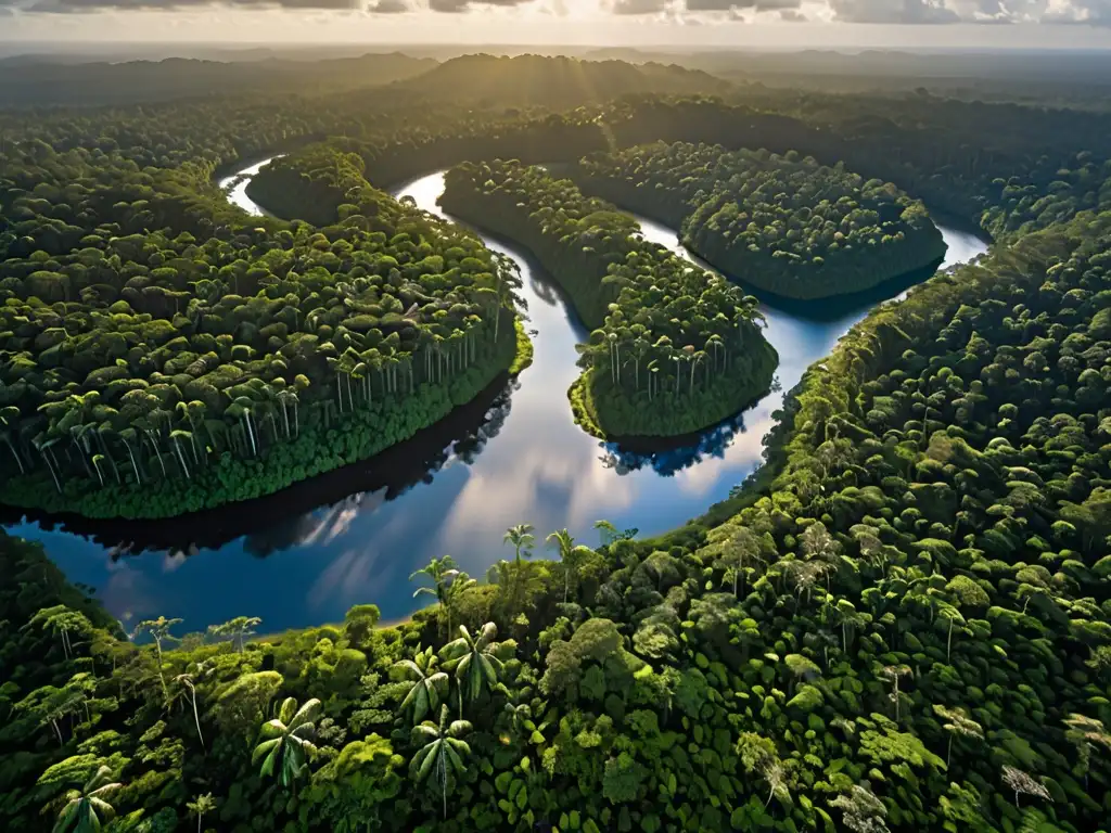 Vista aérea impresionante de un exuberante bosque tropical con un río serpenteante