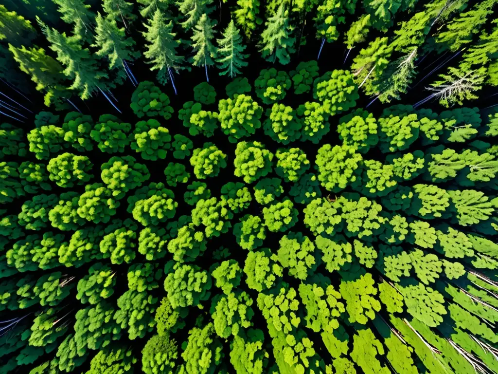 Vista aérea impresionante de un exuberante bosque, con luz solar filtrándose a través de las hojas