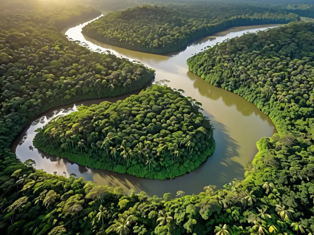 Una vista aérea impresionante de un exuberante bosque tropical, donde un río serpentea entre la densa vegetación