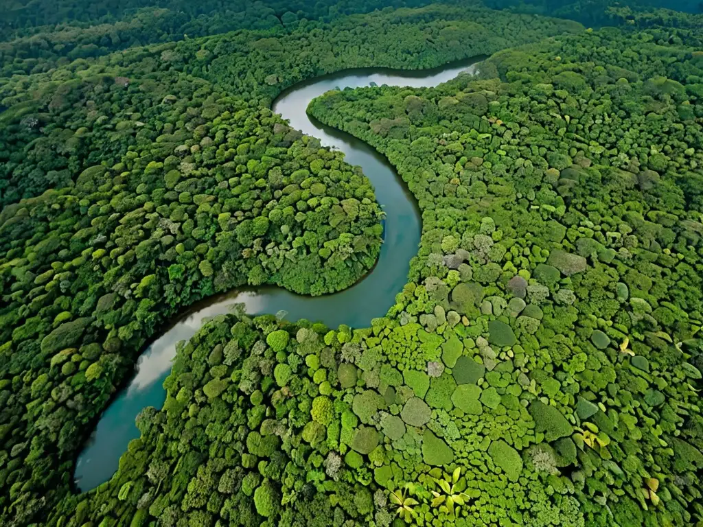 Vista aérea impresionante de un exuberante y frondoso bosque lluvioso con un río serpenteante