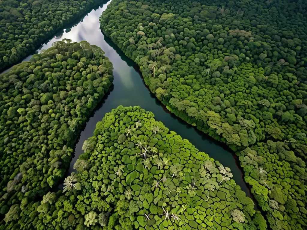 Vista aérea impresionante de una exuberante selva con ríos serpenteantes, mostrando la importancia de áreas protegidas comunidades indígenas