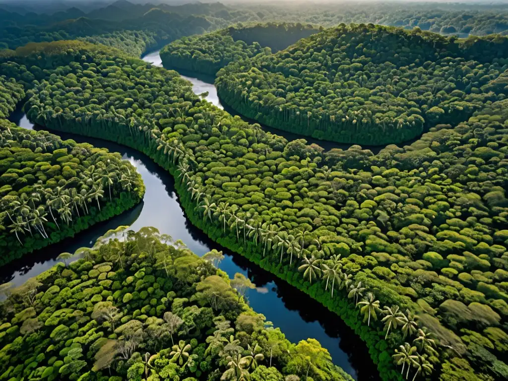 Vista aérea impresionante de una exuberante selva con río serpenteante