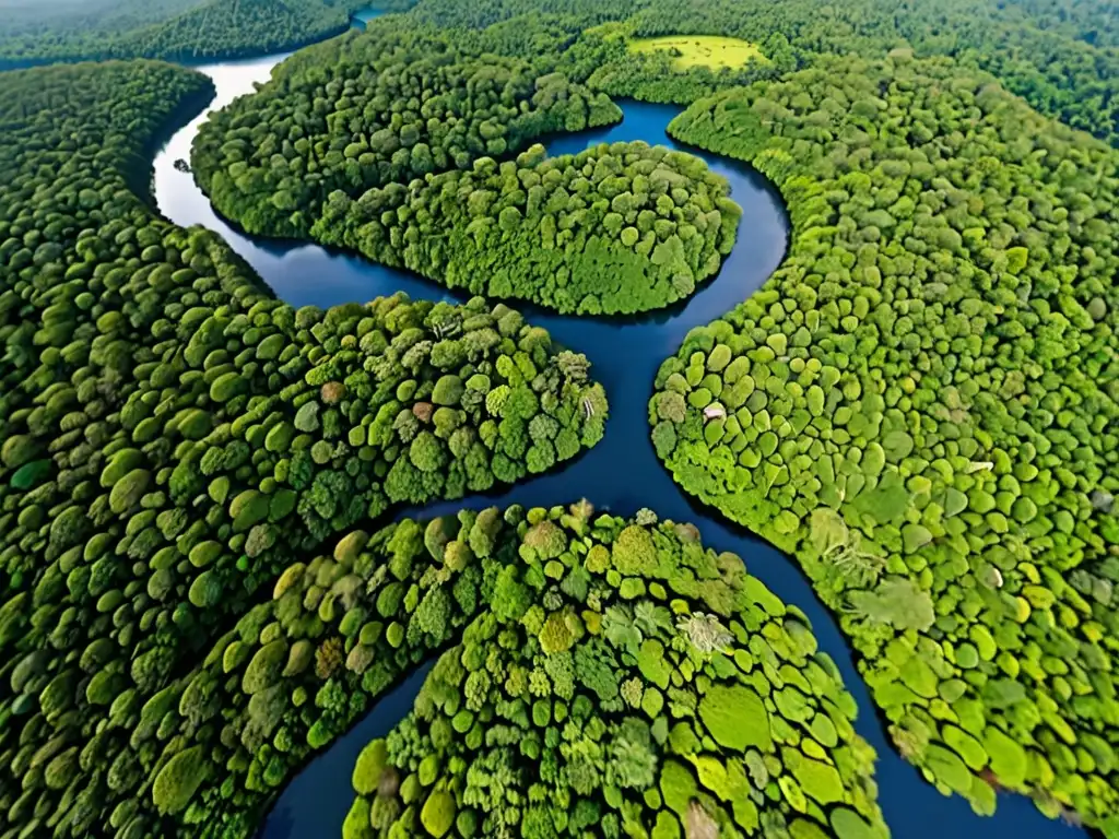 Vista aérea impresionante de la exuberante selva y asentamientos indígenas, mostrando la preservación de tierras indígenas y su entorno natural