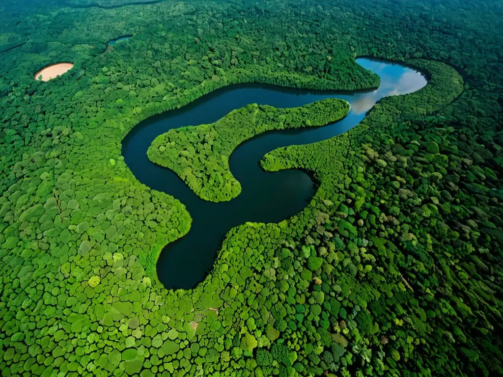 Vista aérea impresionante del río Amazonas serpenteando entre la exuberante selva, destacando su inmensa belleza natural y recursos hídricos