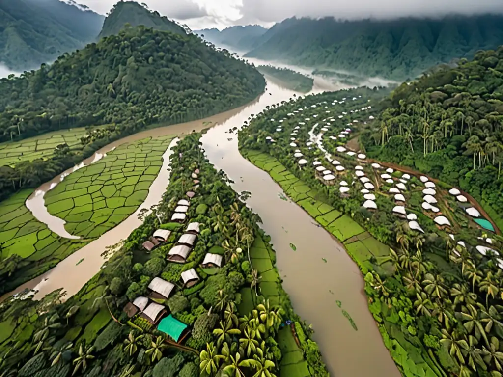 Vista aérea impresionante de una exuberante selva con un río serpenteante, rodeada de árboles verdes y diversa flora