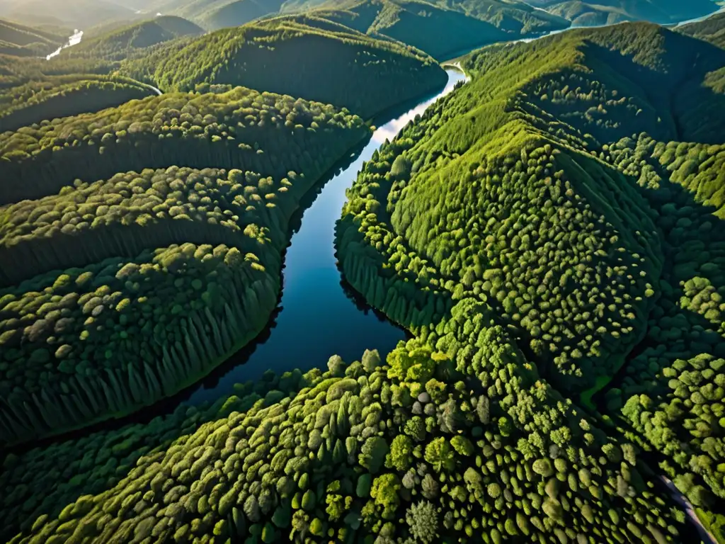 Vista aérea impresionante de un exuberante bosque europeo, con luz solar filtrándose entre el dosel y creando sombras moteadas en el suelo