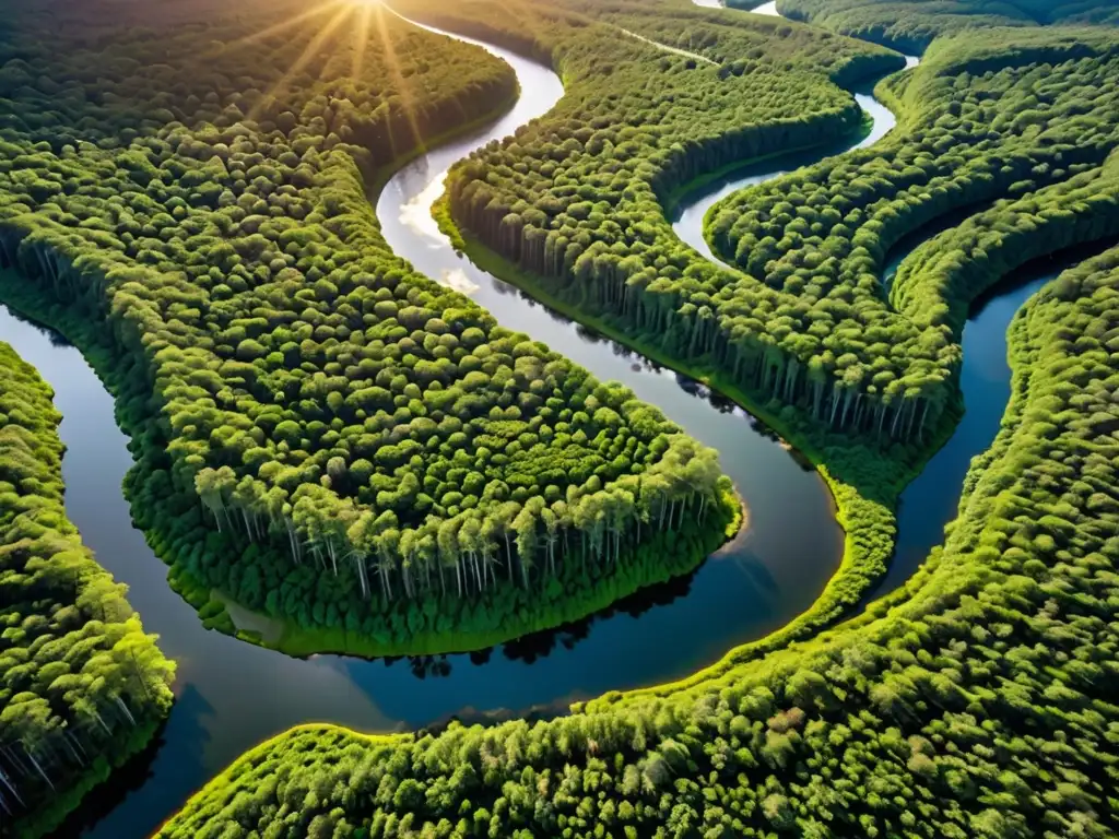 Vista aérea impresionante de un exuberante bosque verde en América, con un río serpenteante