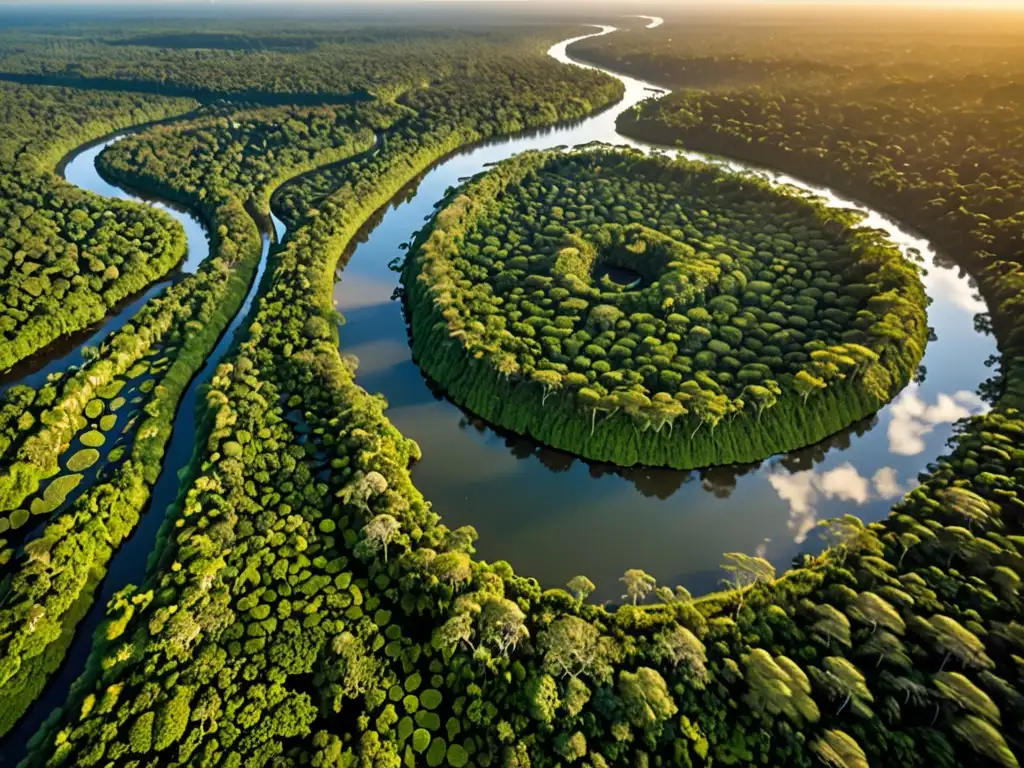 Vista aérea impresionante de la exuberante selva amazónica al atardecer, reflejando la importancia ambiental