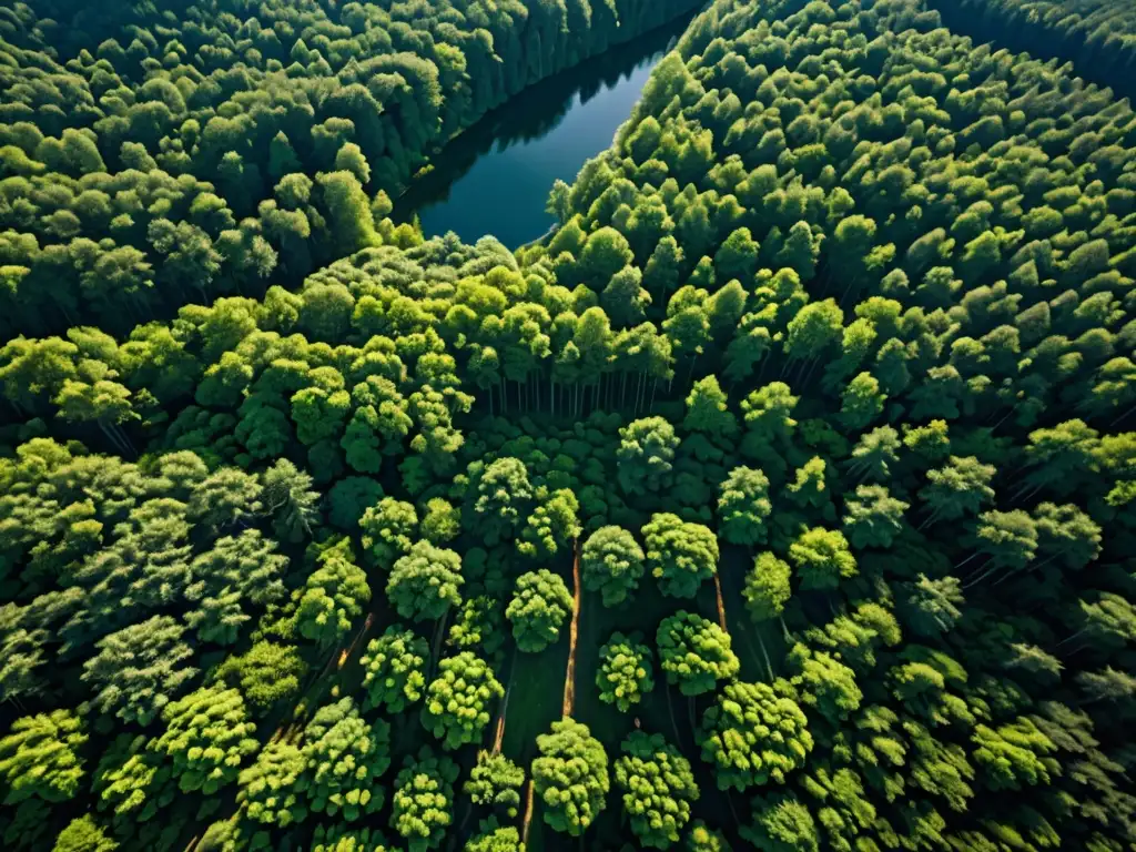 Vista aérea impresionante de un exuberante bosque europeo, resaltando la biodiversidad y la importancia de la legislación ambiental europea