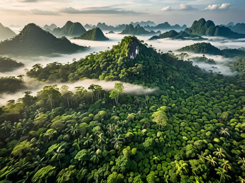 Esplendor verde de la selva tailandesa: biodiversidad y misterio Vista aérea impresionante de la exuberante selva tailandesa, con una biodiversidad vibrante