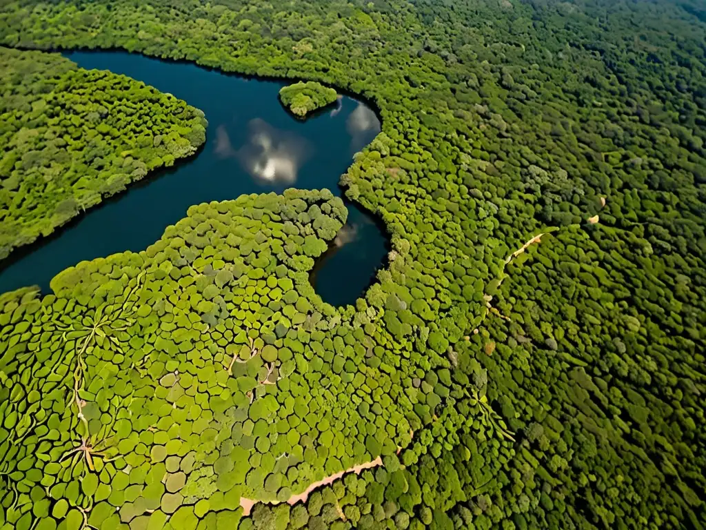 Vista aérea impresionante de una exuberante Zona de Conservación Especial, con ríos sinuosos, bosques densos y especies animales en su hábitat natural