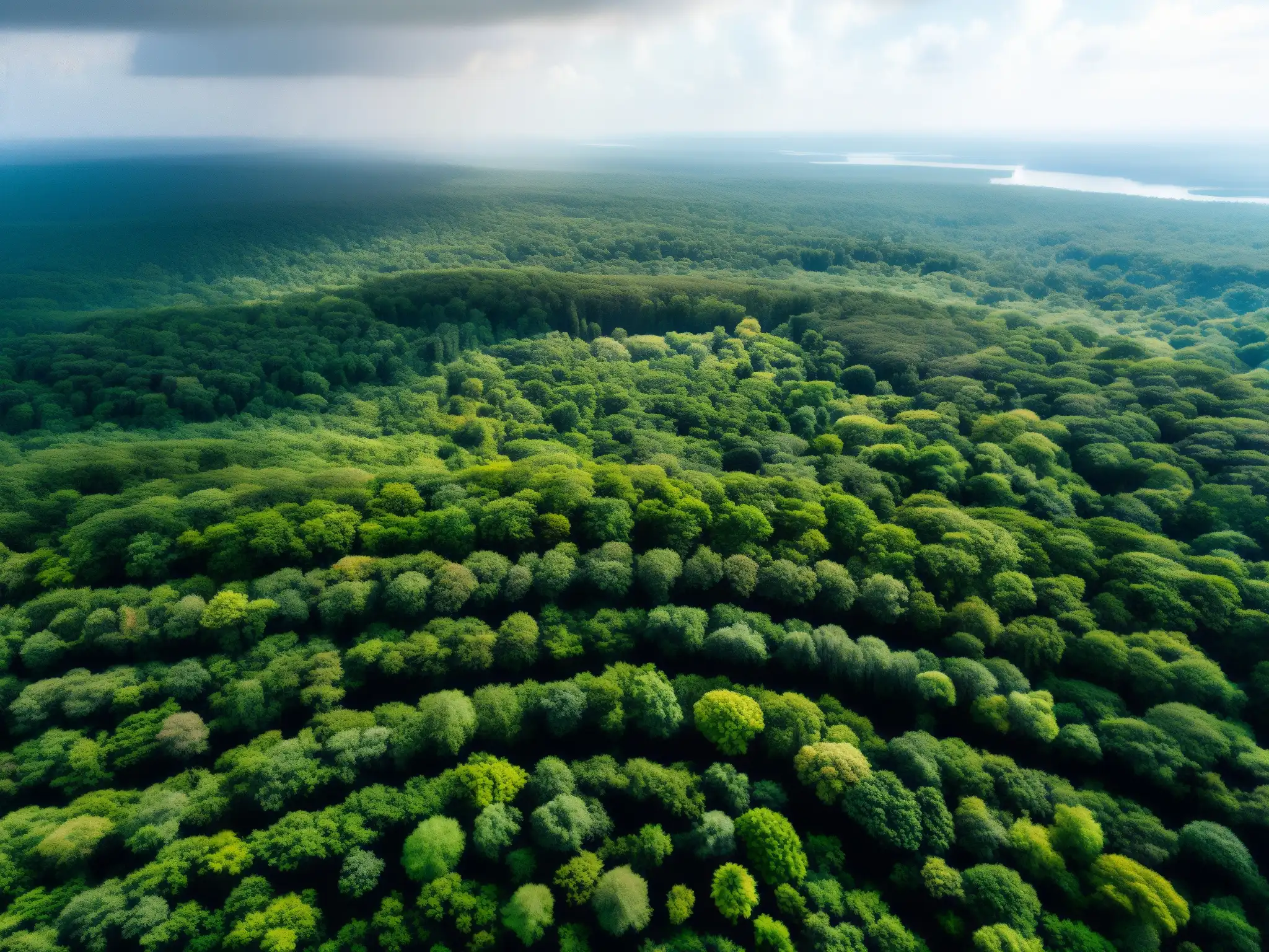 Vista aérea impresionante de un exuberante bosque, con luz solar filtrándose a través del dosel para iluminar la diversa vida silvestre