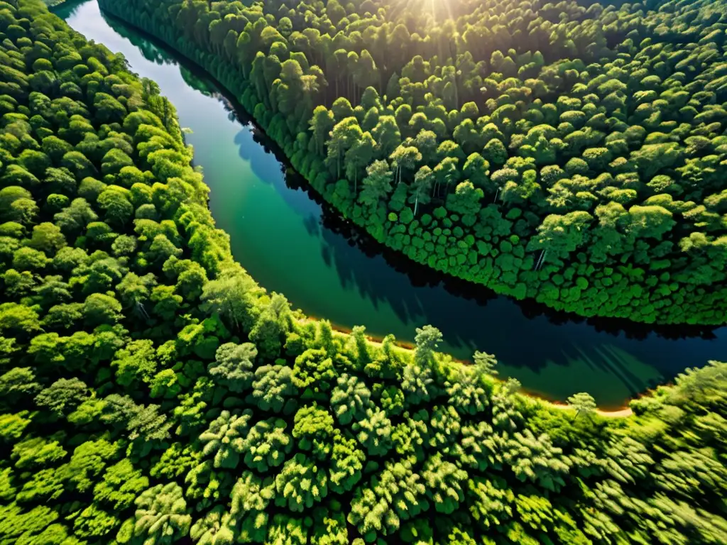 Vista aérea impresionante de un exuberante bosque verde con un río serpenteante, reflejando la importancia de la cooperación internacional en derecho ambiental