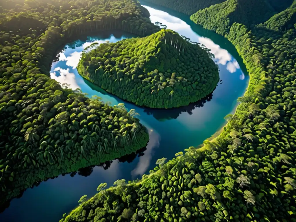 Vista aérea impresionante de un exuberante bosque lluvioso con un río serpenteante